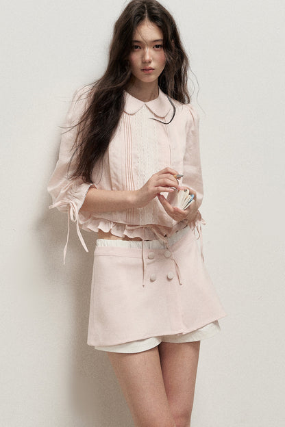 Mist Pink Lyocell Linen Mid-Sleeve Tuck Pleat Shirt Skirt Set-Up