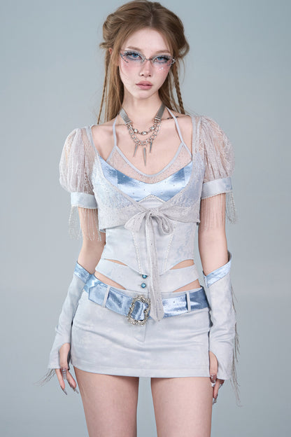 Y2K Lace Mesh Puff Sleeve Tie Cardigan Set-Up