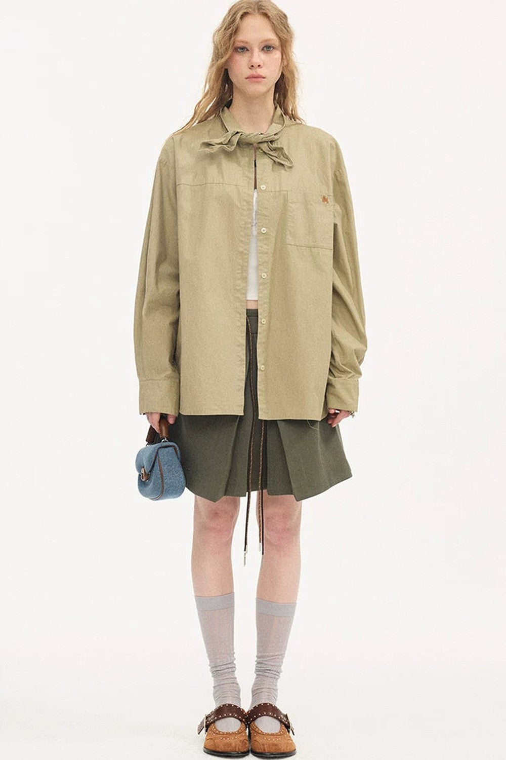 Washed Cotton Scarf-Style Blouse