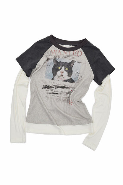Cat Print Long-Sleeve Raglan T-shirt