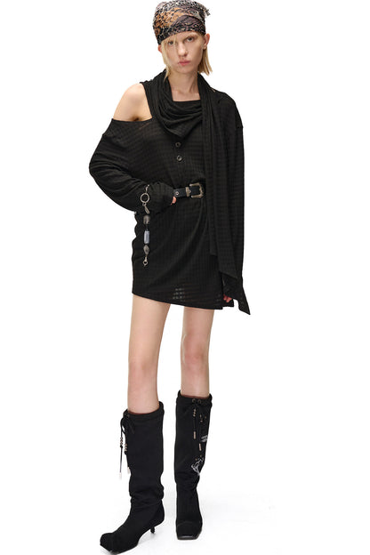 Multi-Wear Layered Waffle Off-Shoulder Ribbon Irregular Dress