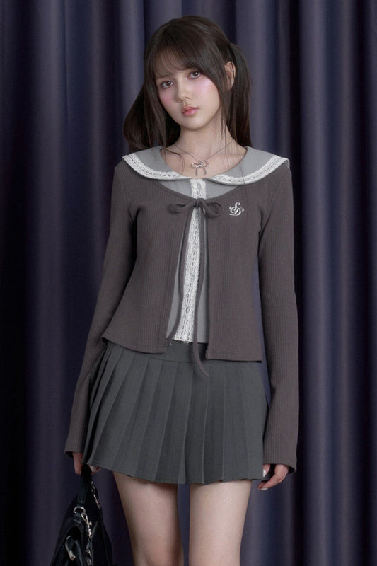 Gray Lace Sailor Collar Top and Skirt Set-Up