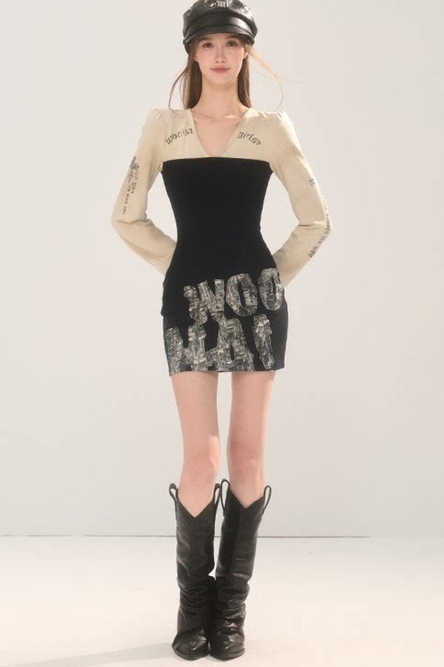 Printed Layered-Look V-Neck Dress