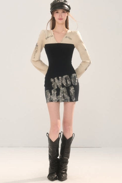 Printed Layered-Look V-Neck Dress