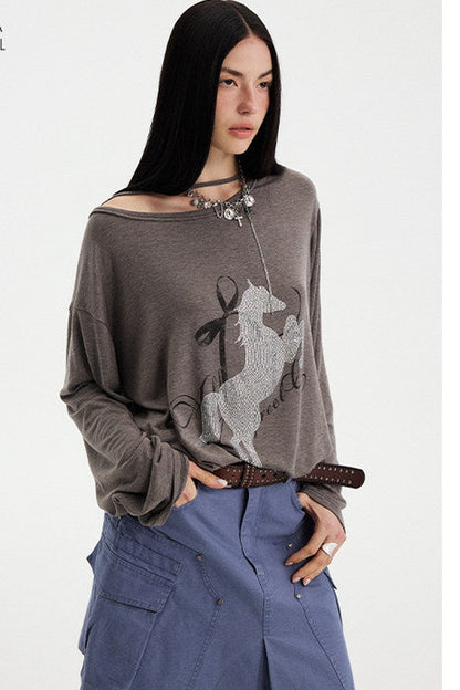 Distressed Rhinestone Off-Shoulder Top