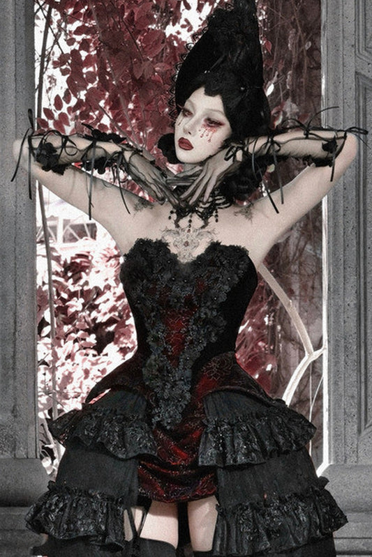 Crimson Gothic Velvet Corset Blouse Set-Up