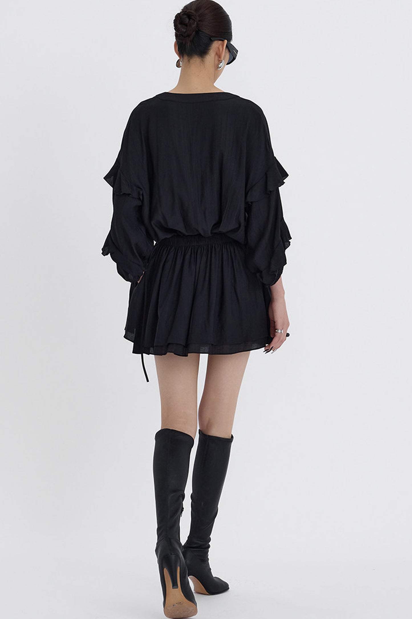 Black V-Neck Ruffle Lantern Sleeve Dress