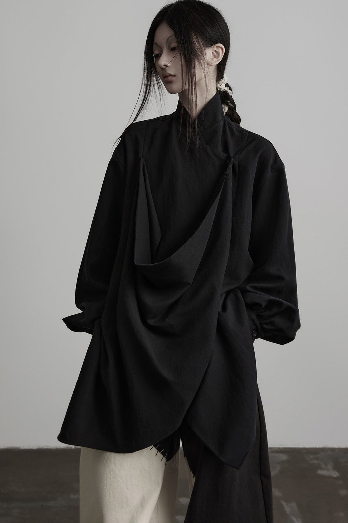 Dark New Chinese Style Draped Pleated Shirt