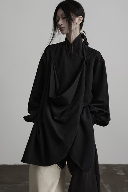 Dark New Chinese Style Draped Pleated Shirt