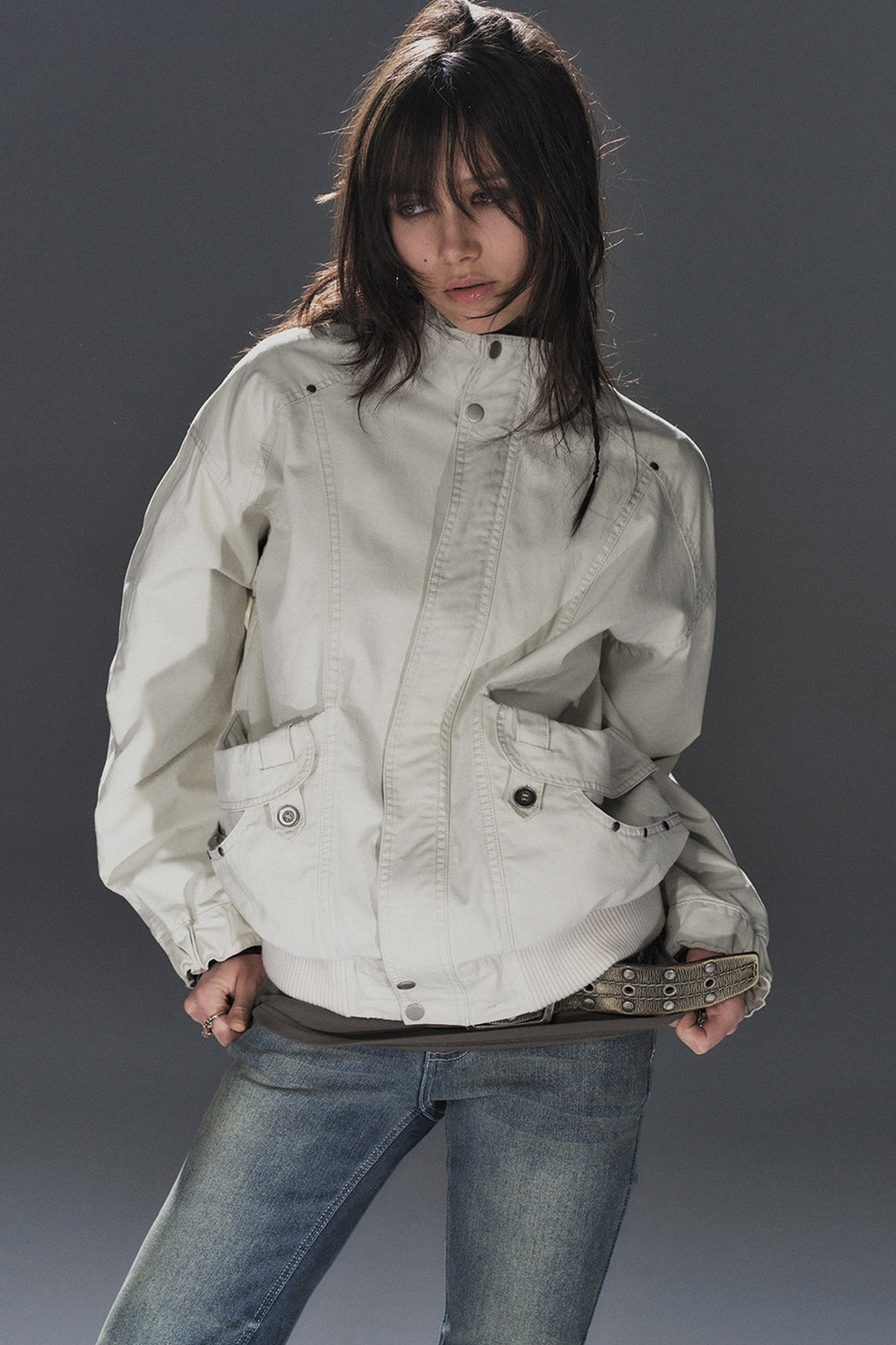 Rivet Patchwork Stand Collar Jacket