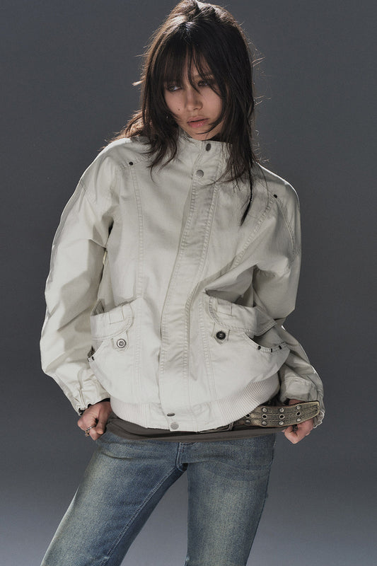 Rivet Patchwork Stand Collar Jacket
