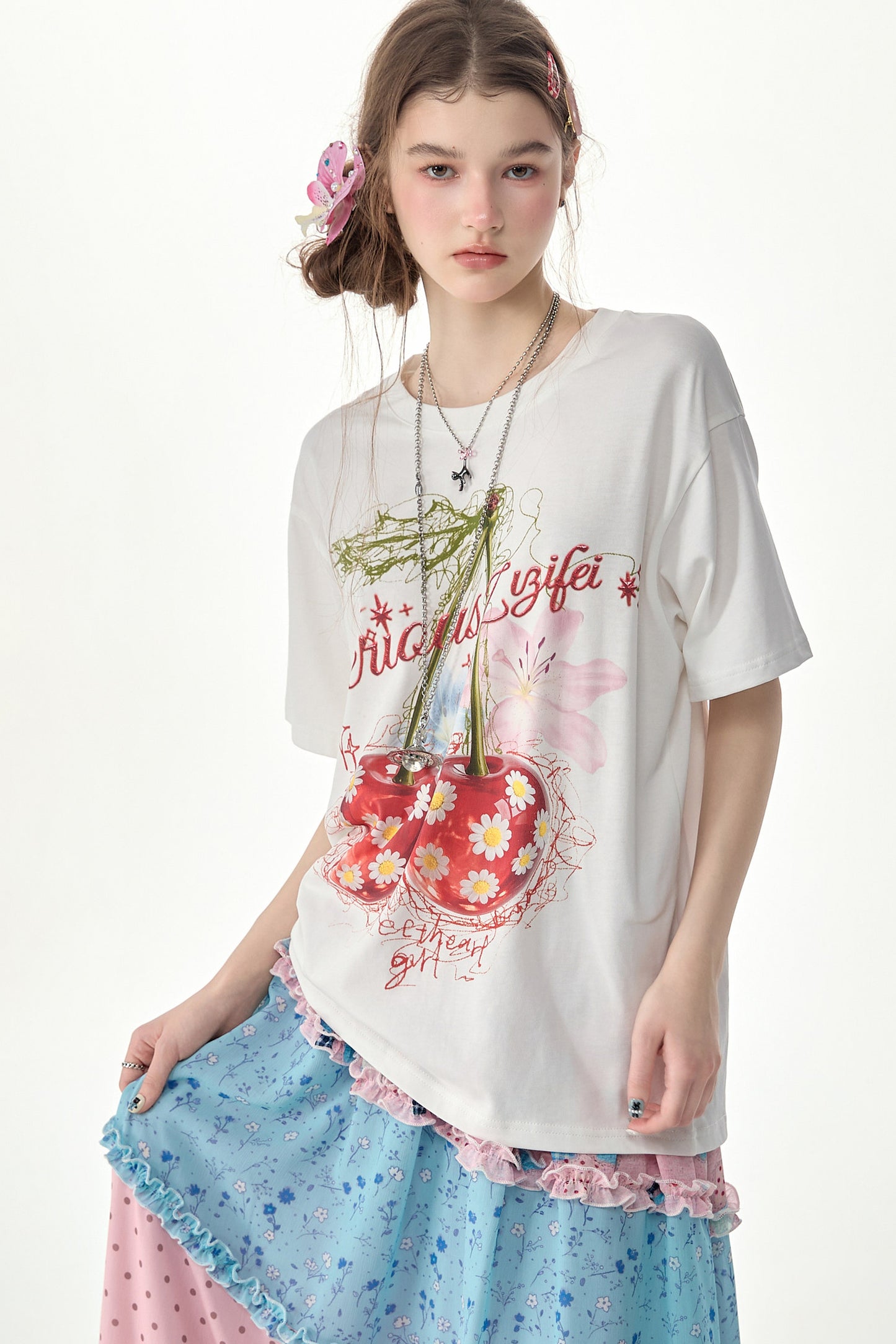 Cherry Daisy Print Short Sleeve T-Shirt
