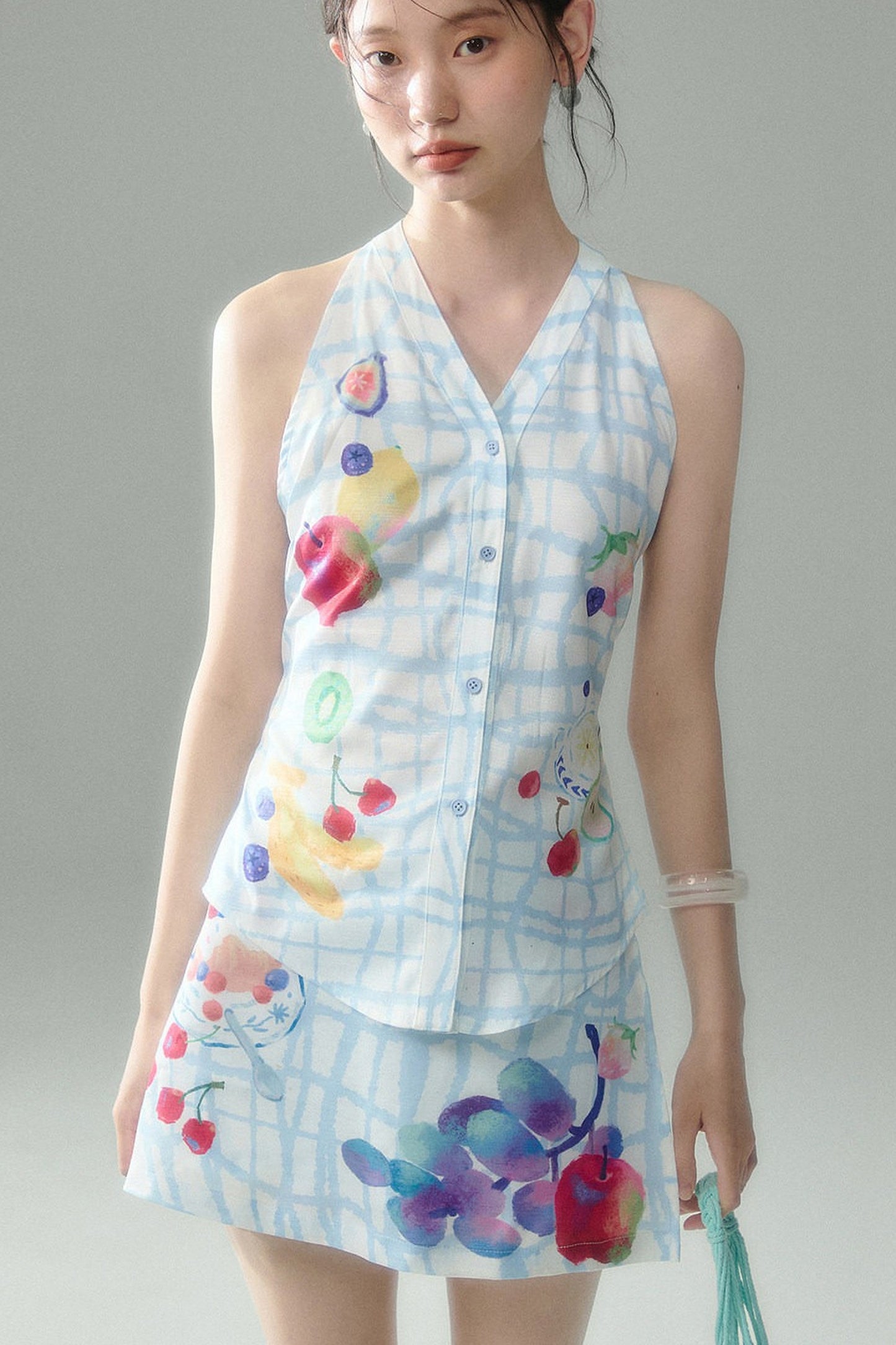 Fruit Print Halter Top and Skirt Set-Up