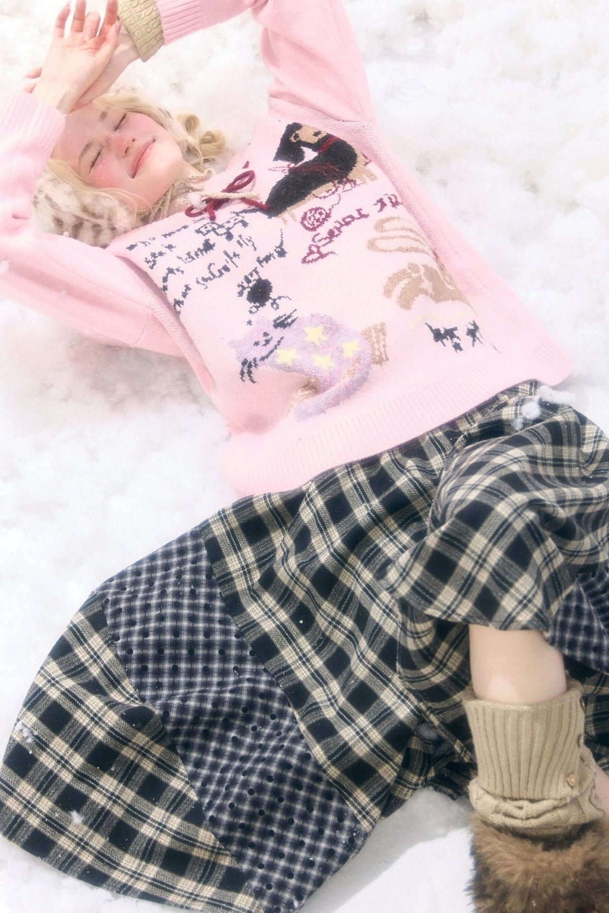 Pink Cartoon Print V-Neck Sweater