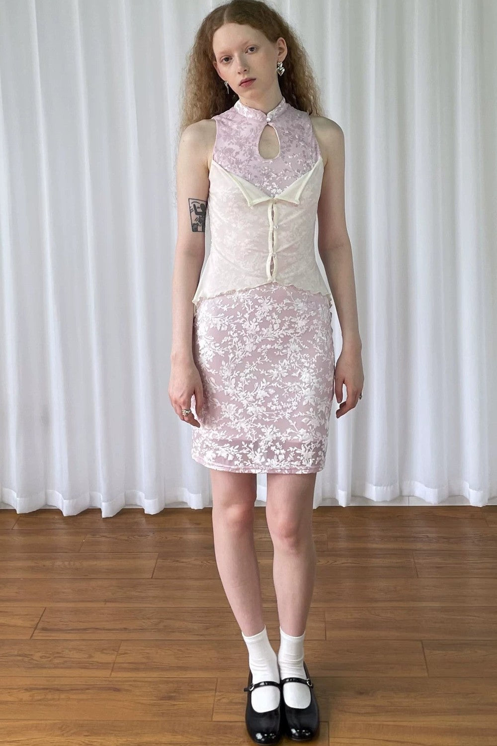 Abito Cheongsam rosa vintage in pizzo