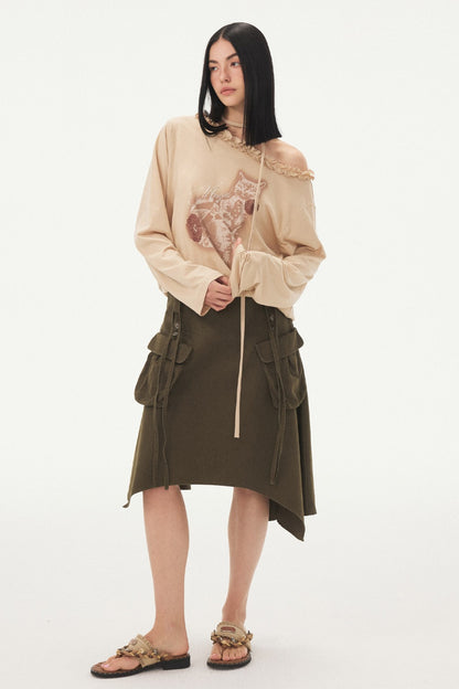 Cat Print Ruffle Off Shoulder Top