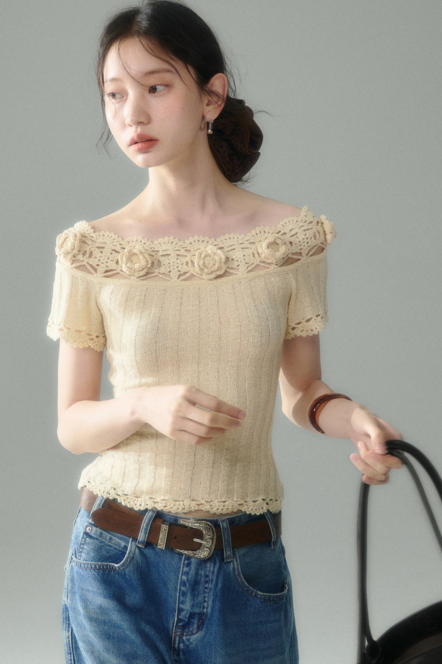 Handmade Crochet Camellia Off-Shoulder Knit Top