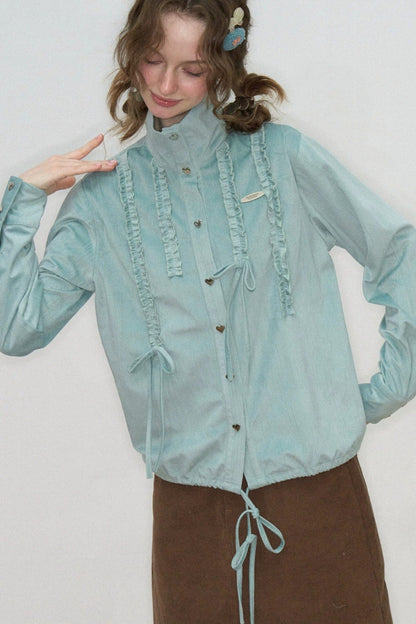 Lace Drawstring Stand Collar Shirt