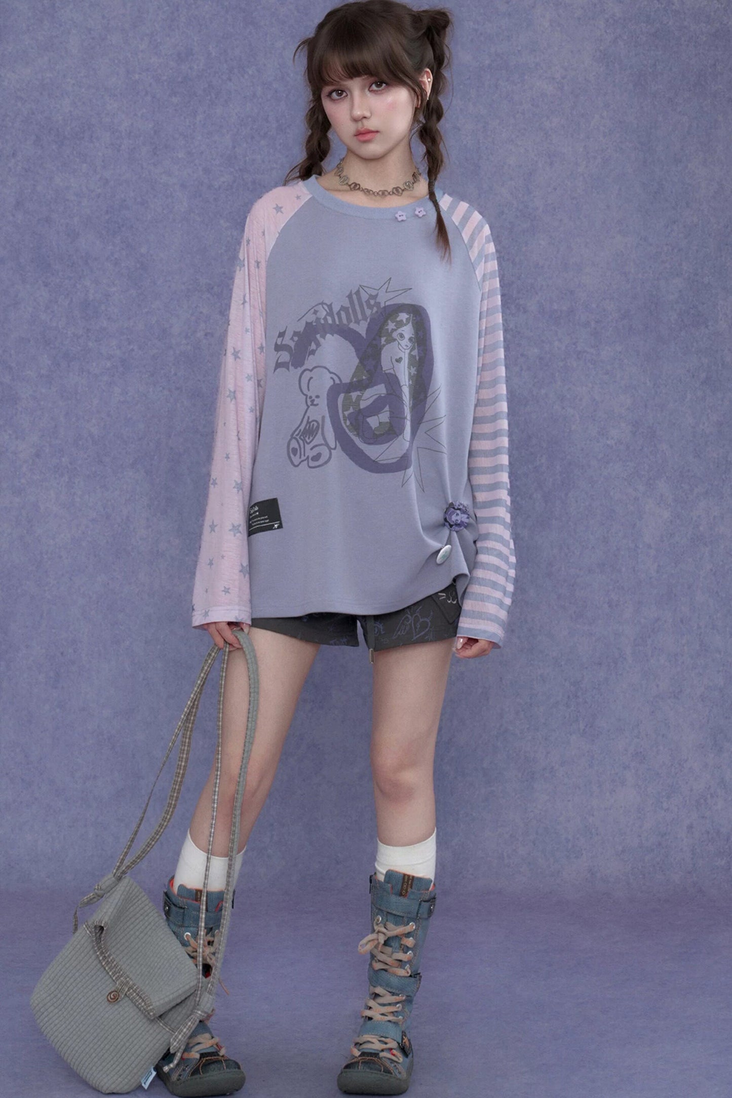 Purple Graffiti Print Raglan Blouse