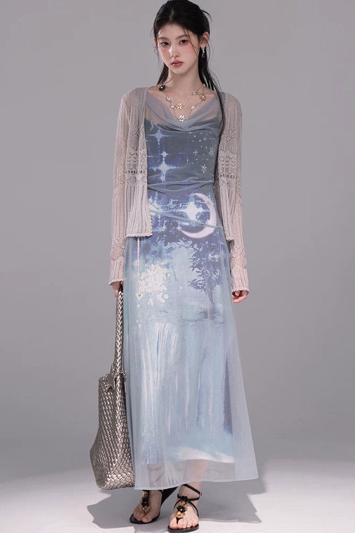 Galaxy Blue Knitted Mesh Dress