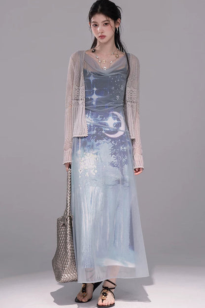 Galaxy Blue Knitted Mesh Dress
