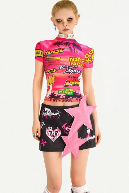 Cartoon Print Leather Skirt