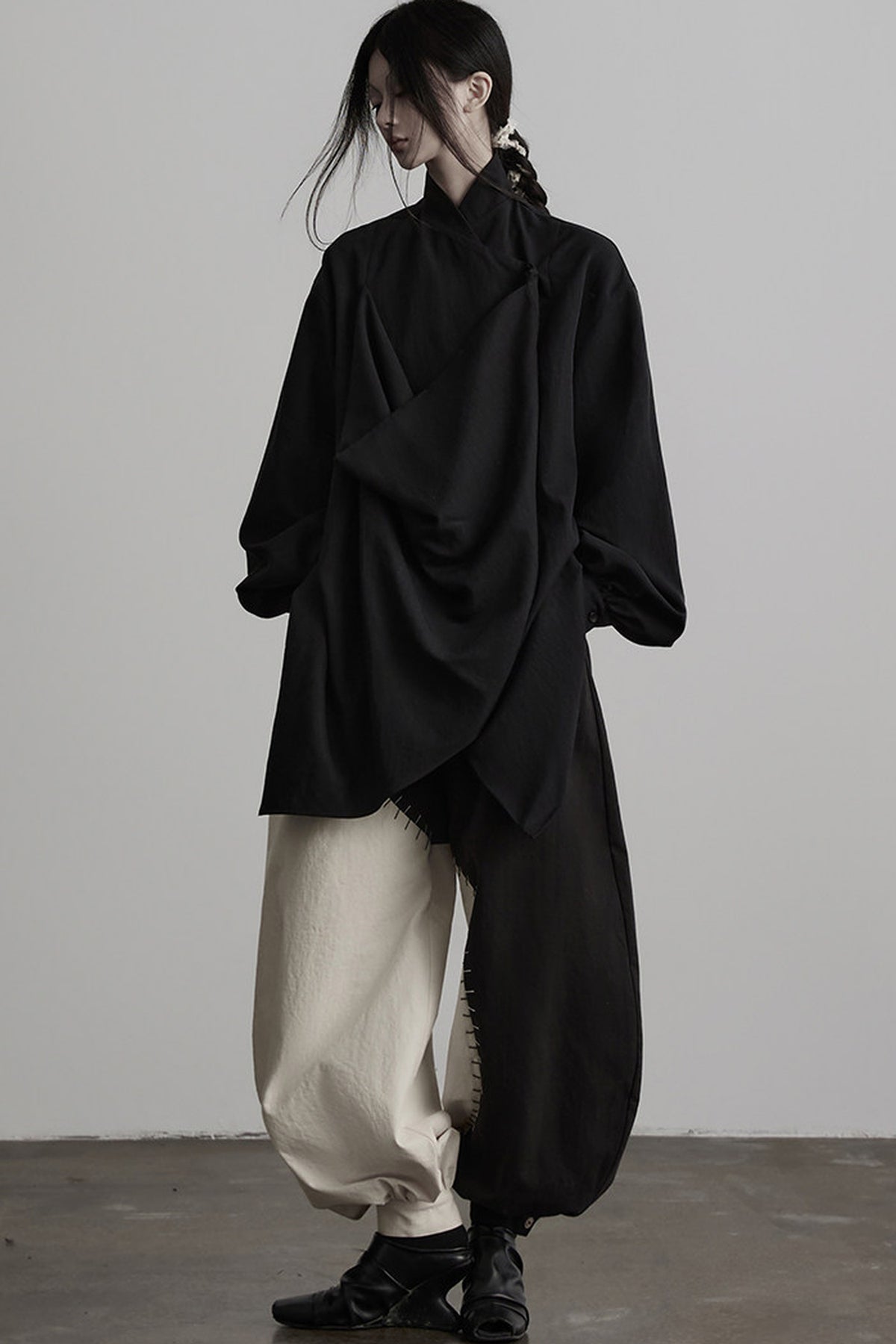 Dark New Chinese Style Draped Pleated Shirt