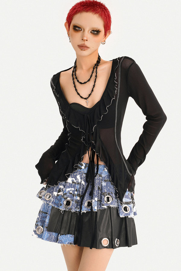 Ruffle Trim Tie-Front Sheer Cardigan Top