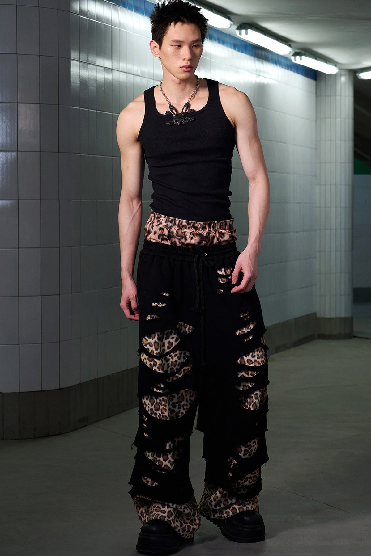 Leopard Print Ripped Double-Layer Sweatpants