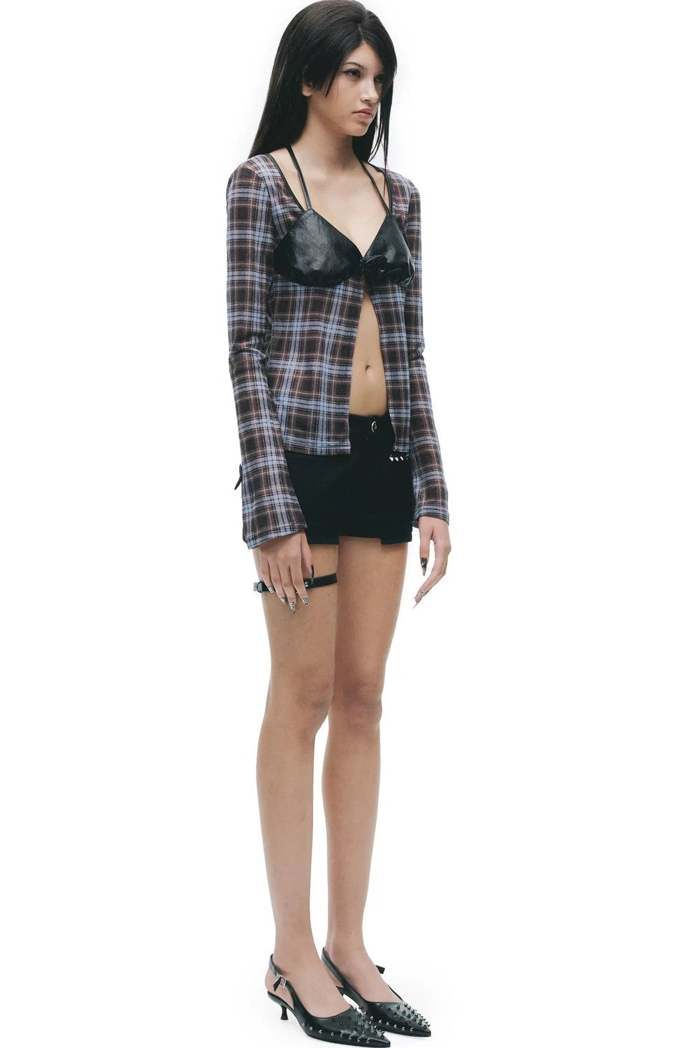 Leather Mesh Long-Sleeve Top