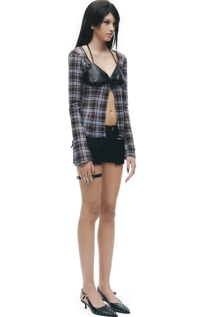 Leather Mesh Long-Sleeve Top