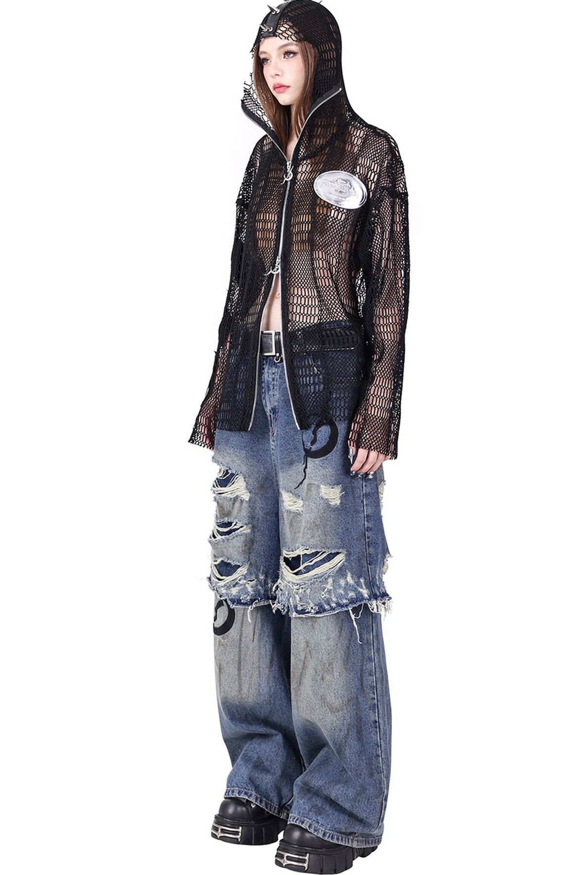 Rivet Hooded Mesh Patch Embroidery Jacket
