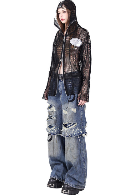 Rivet Hooded Mesh Patch Embroidery Jacket