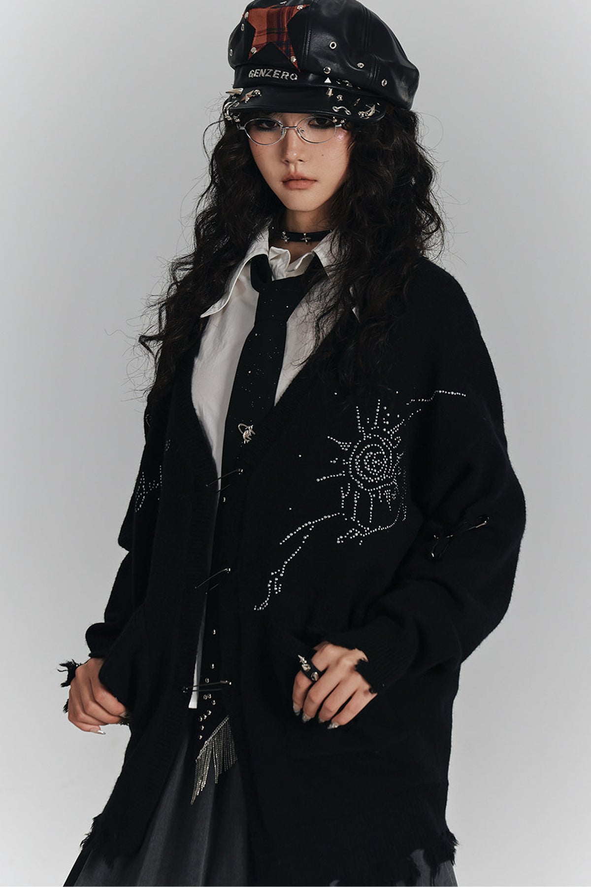 Irregular Ripped Pin V-Neck Knitted Cardigan