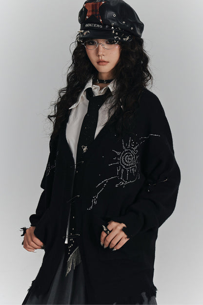 Irregular Ripped Pin V-Neck Knitted Cardigan