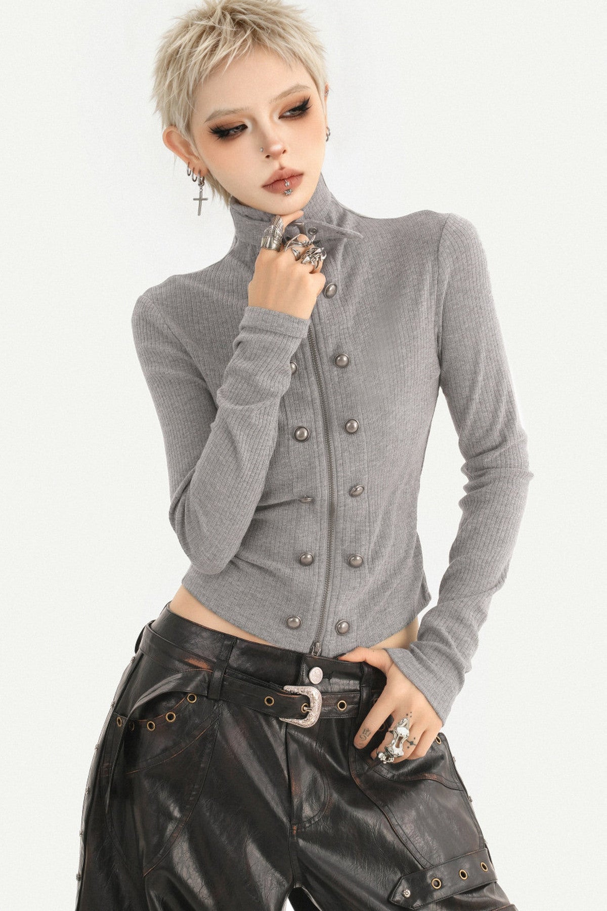 Grey Double-Breasted Zipper Knit Cardigan
