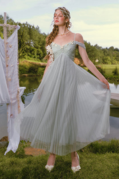 Pearl Shell Pleated Strap Dress