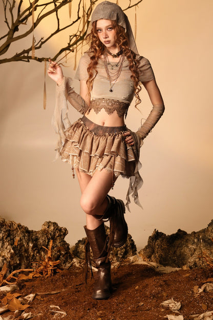 Wasteland Style Lace Camisole Hood Cape Sleeve Set-Up