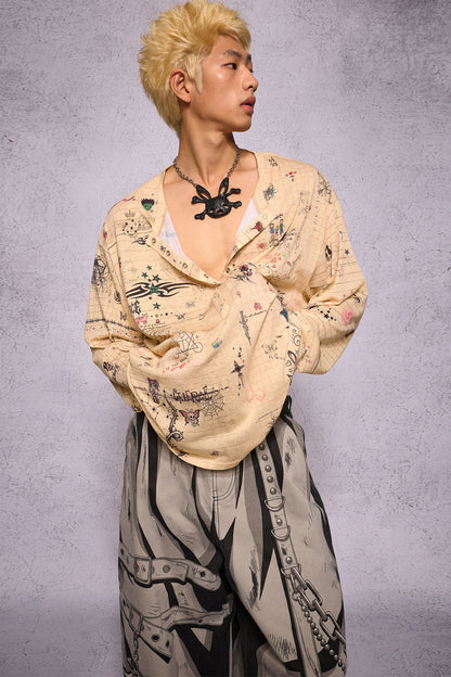 Manuscript Print Long Sleeve Open Front Shirt