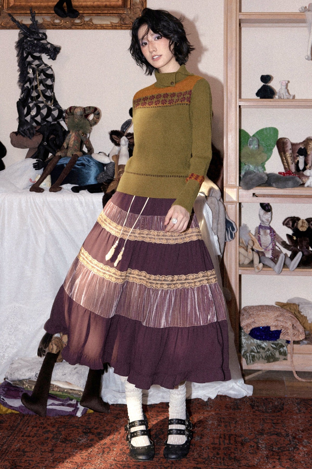 Crinkled Velvet Floral A-Line Skirt