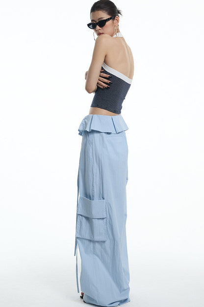 Ruffled Glacier Blue Wide-Leg Pants