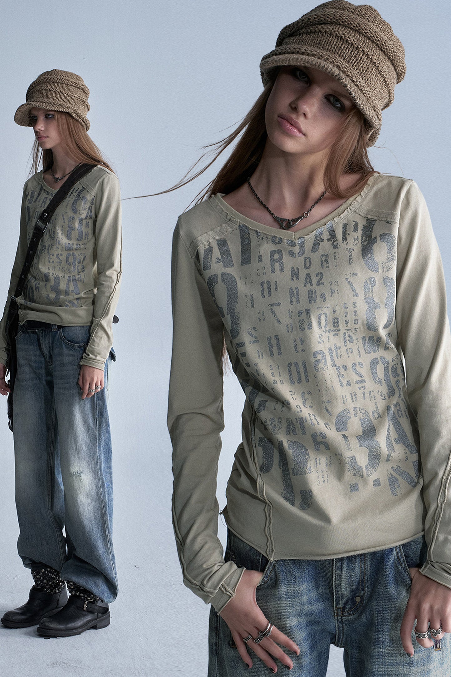 Asymmetrical Frayed All-Over Print Long-Sleeve T-Shirt