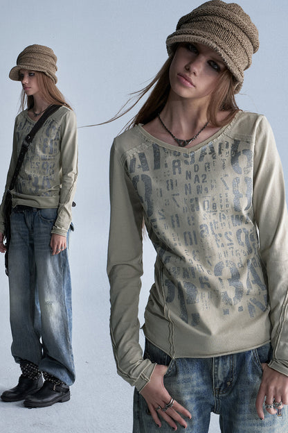 Asymmetrical Frayed All-Over Print Long-Sleeve T-Shirt