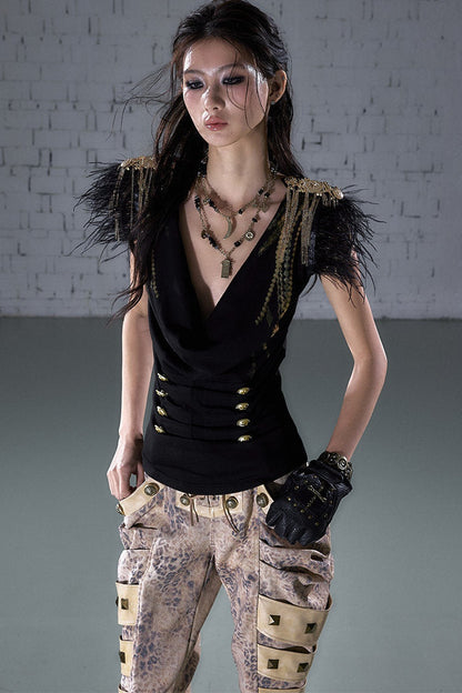 Gold Foil Feather Fringe Vest