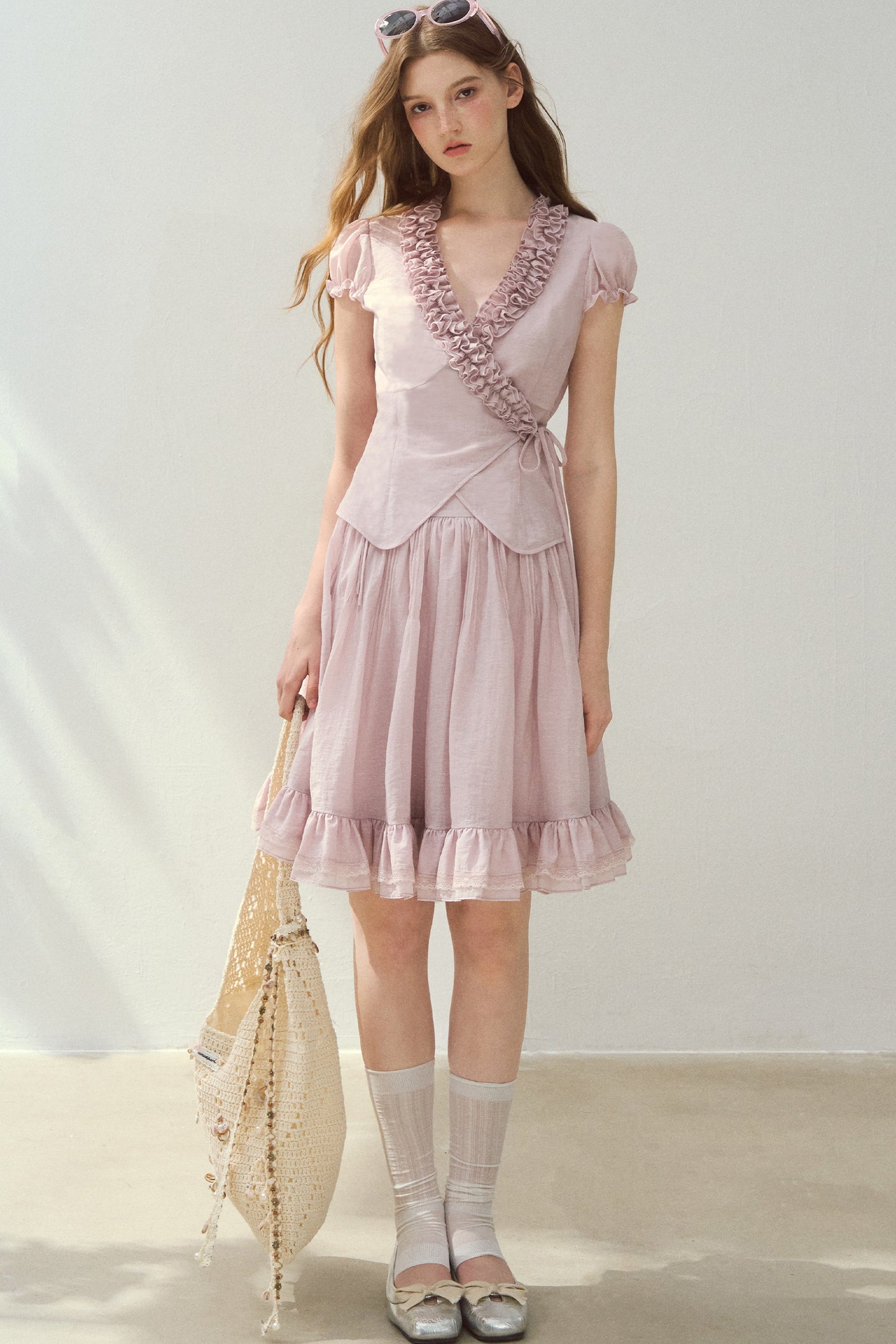 Purple Ruffle Trim Blouse and Tiered Skirt Set
