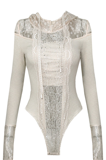 Hooded Lace Knit Patchwork Bodysuit