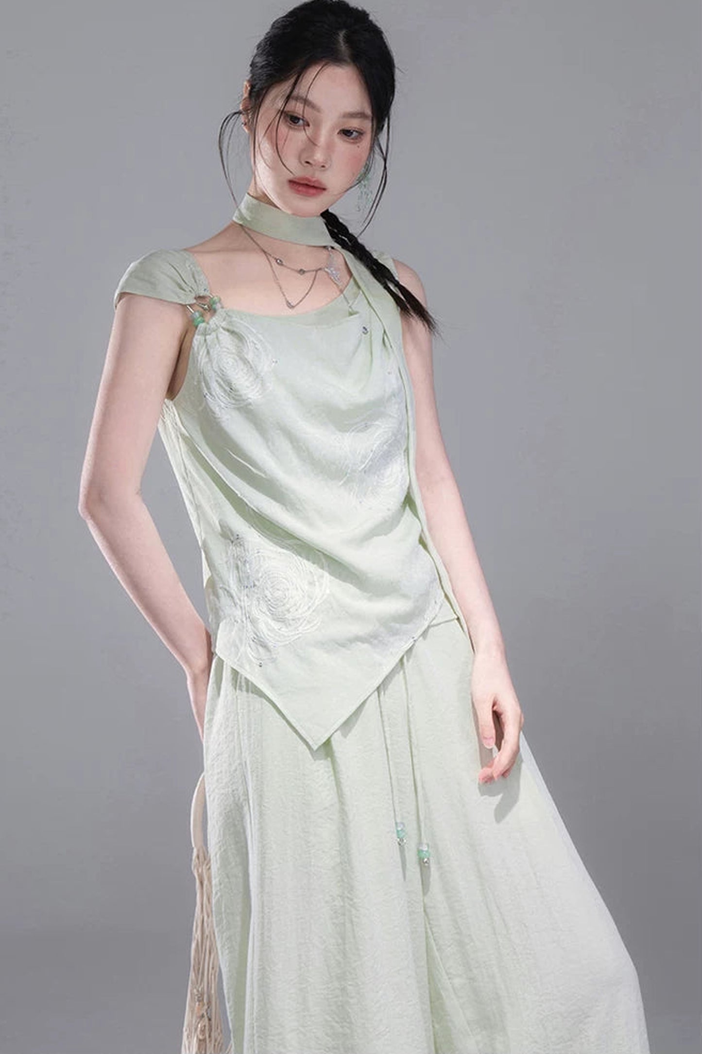 Green Sequin Ribbon Vest Set
