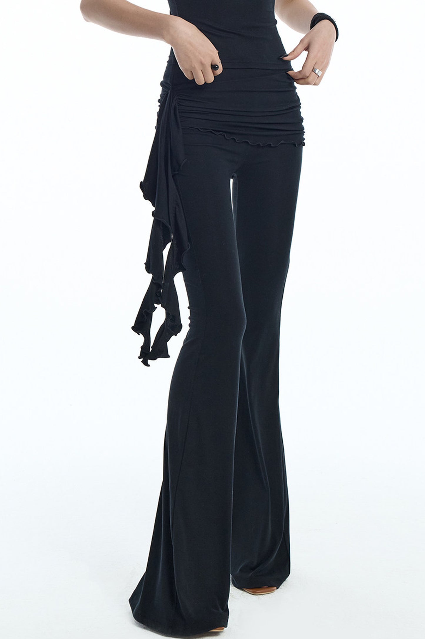 Black Knit Ruffle Tank and Flared Pants Set-Up