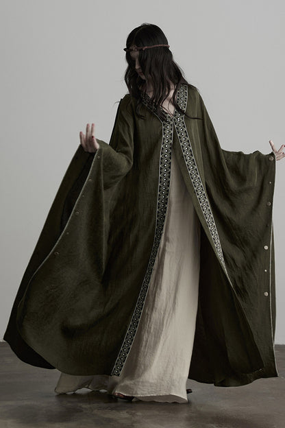 Dark Forest Green Embroidered Detachable Hood Cape