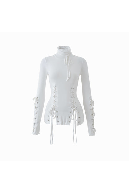 High-Neck Lace-Up Knit Top